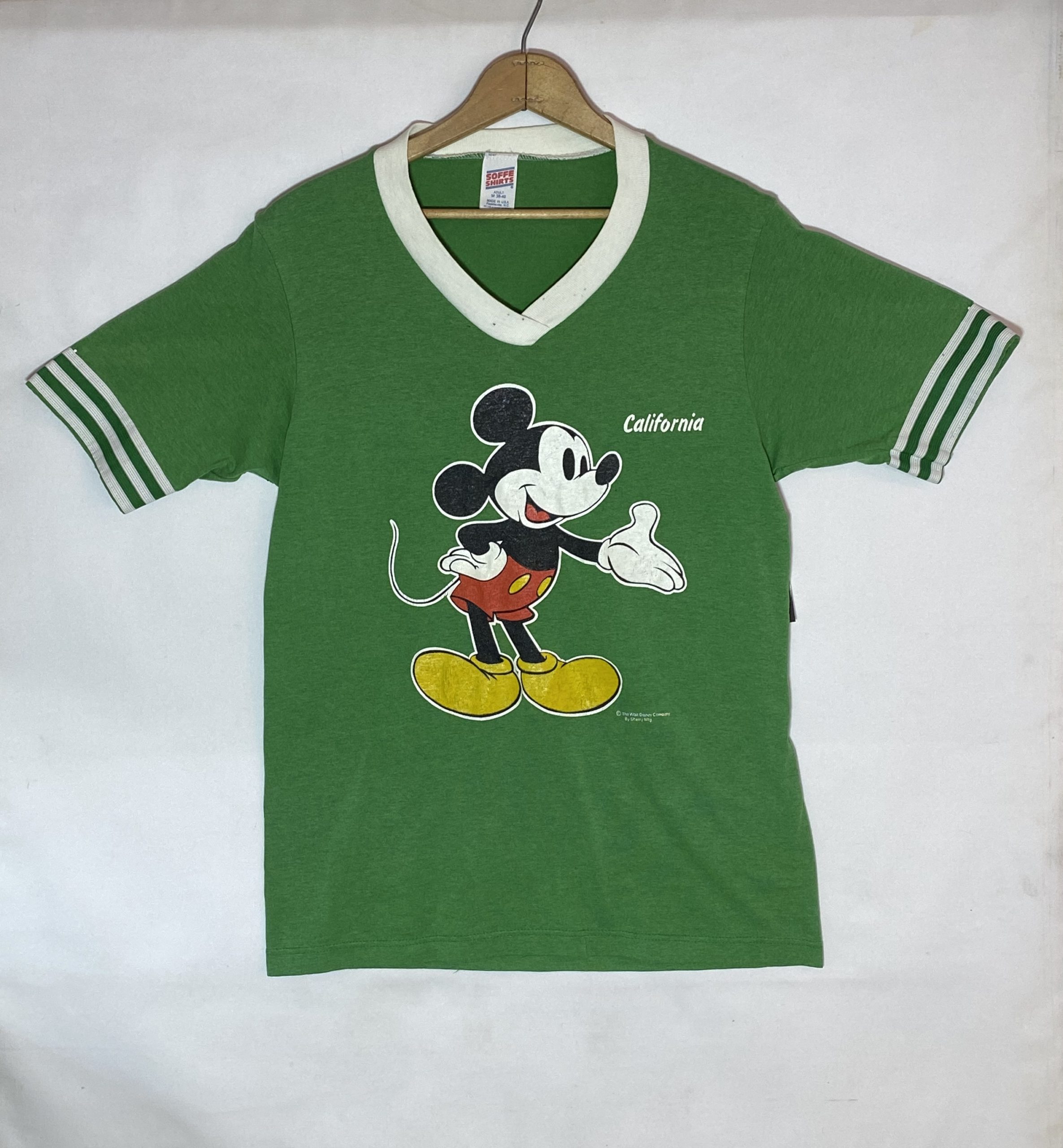ビンテージ Tシャツ カリフォルニア Mickey Mouse(ミッキーマウス) 70’s Vネック ラインリブ プリントTee 緑 グリーン